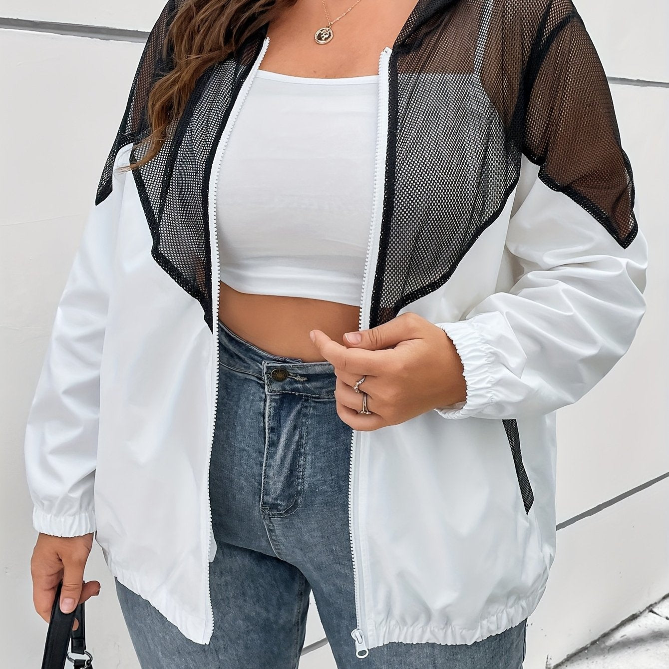 Plus Size Women's Contrast Color Block Mesh Hooded Long Sleeve Top Breathable Summer Blouse