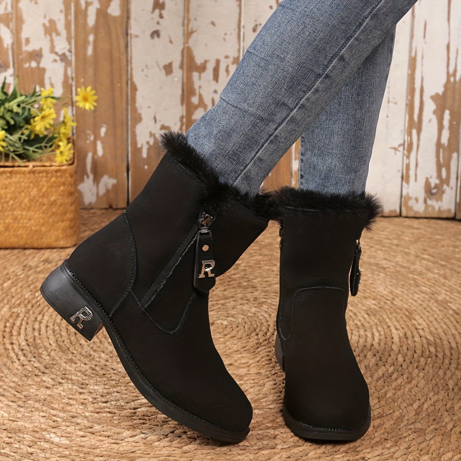 Women's Velvet Frosted Short Snow Boots Thick Heel Non-Slip Mid Calf