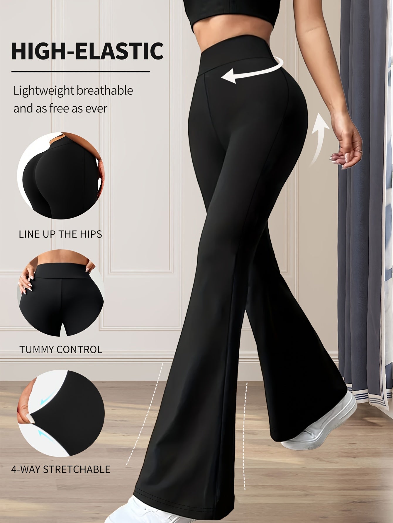 Women's Flared Leggings High Waist Elastic Waist Mid-Rise Black