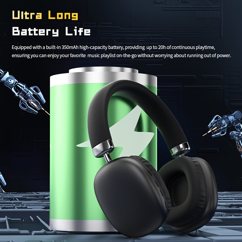 Wireless Over-Ear Headphones Sound Isolation Tangle-Free Cable Microphone Volume Control Rechargeable Battery for Gaming