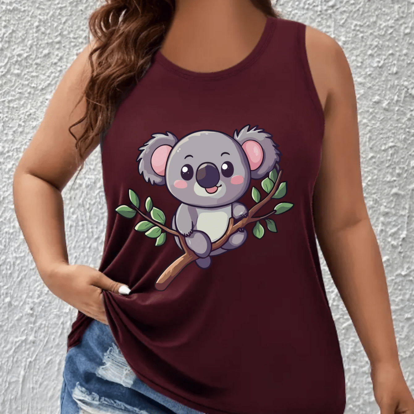 Plus Size Women's Breathable Cotton Tank Top with Cartoon Koala Light Blue