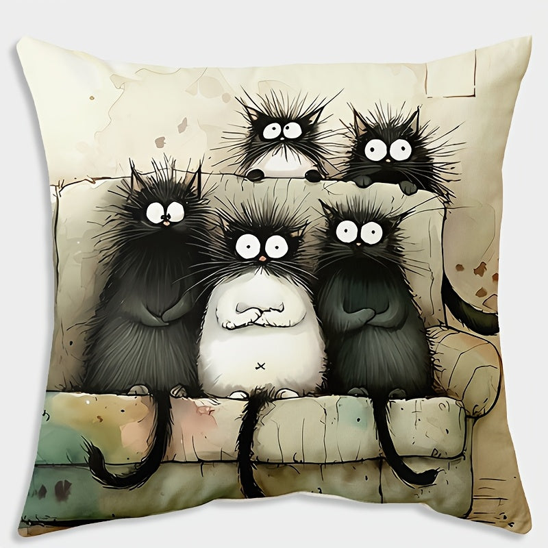 Cartoon Cat Print Linen Throw Pillow Cover 44.96cm x 44.96cm Zipper Closure Woven Polyester Decorative Cushion for Sofa Bedroom