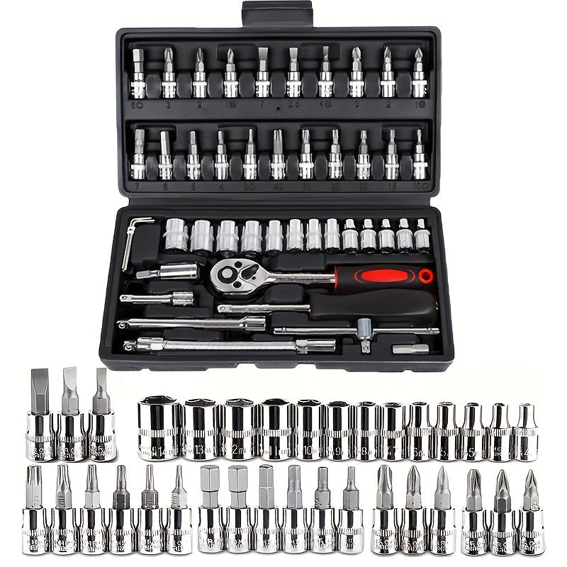46-Piece Car Repair Tool Set with Spanners Socket Wrench Ratchet Torque Wrench Screwdriver for Cars Bicycles Motorcycles