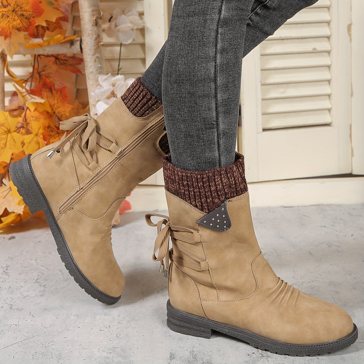 Women's Faux Cover Chunky Heel Ankle Boots with Zip Closure