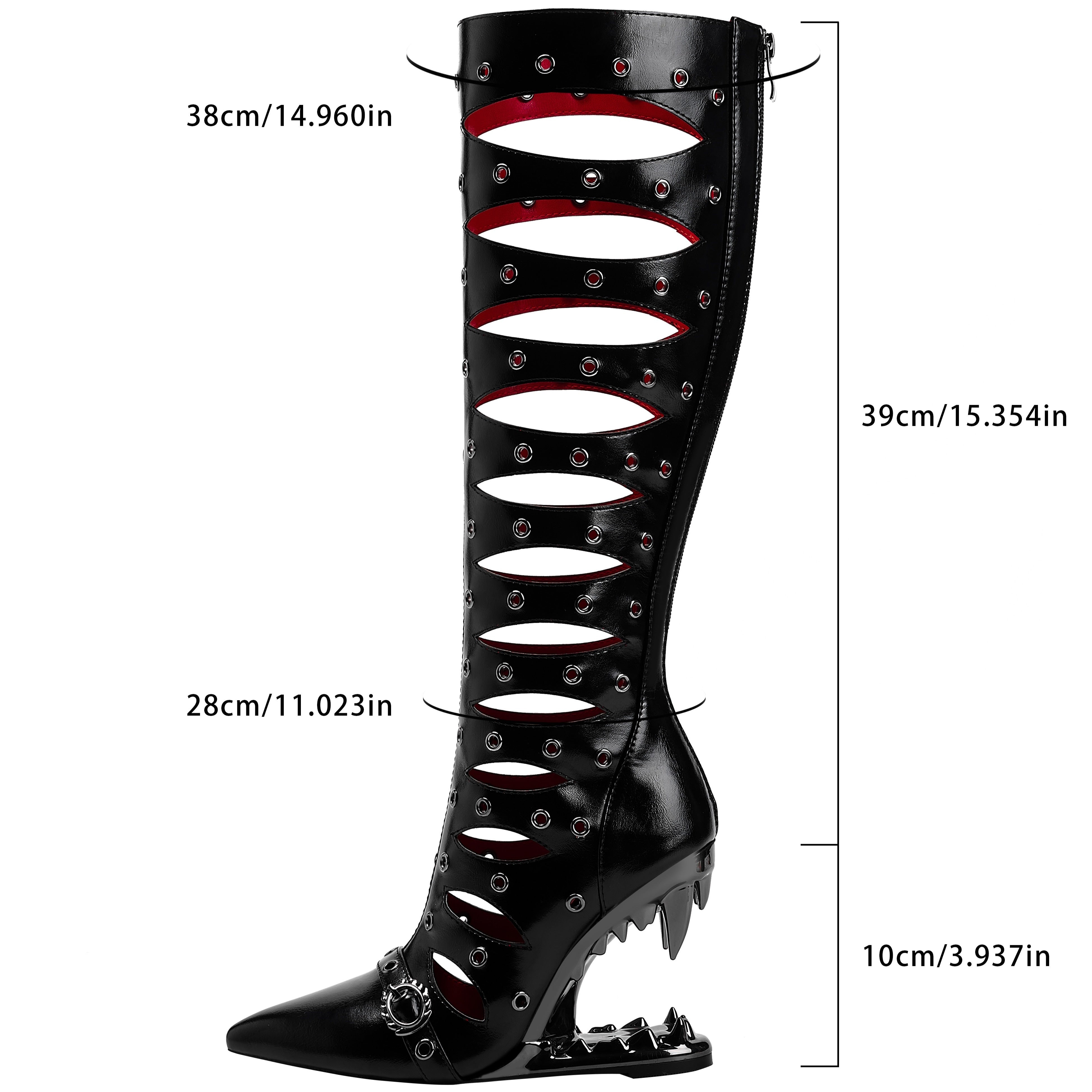 Women Hollow-Out Knee-High Leather Boots with Zipper and Pointed Toe
