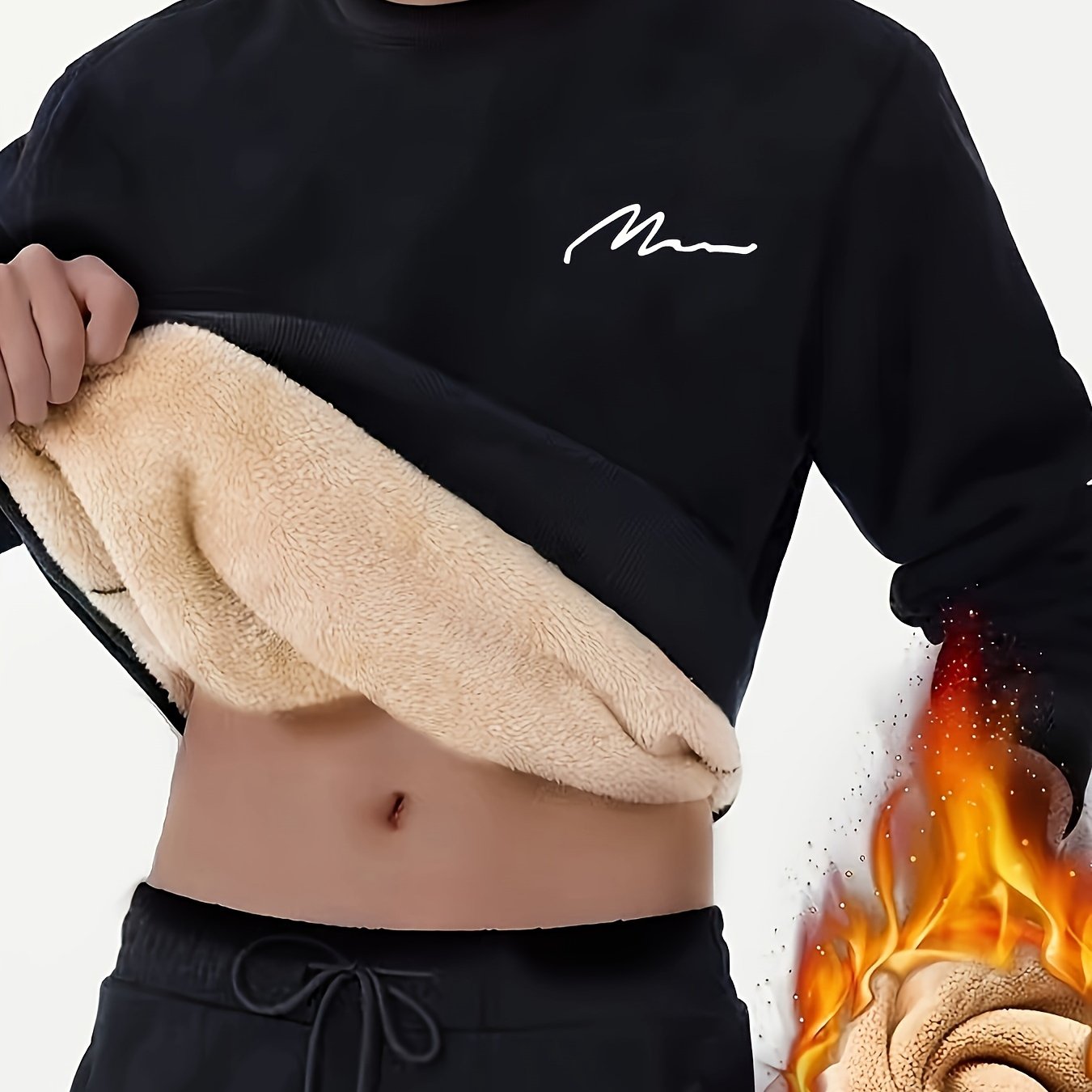 Men's Fleece-Lined Letter Print Sweater with Long Sleeve Crew Neck