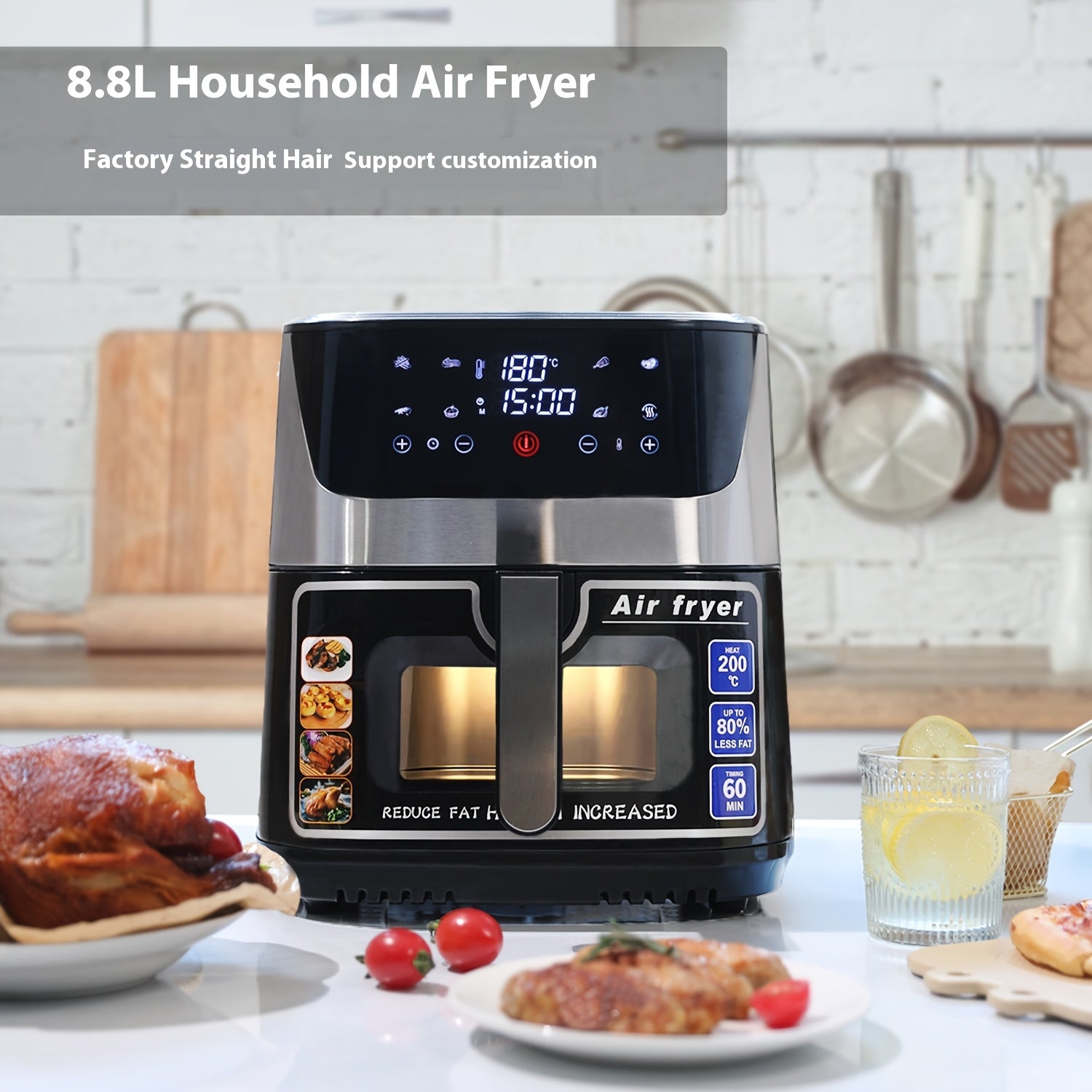 12L Touch Air Fryer raqamli boshqaruvli oldindan sozlamalar bilan, Fransuz kartoshkasi, tovuq, go‘sht, baliq uchun