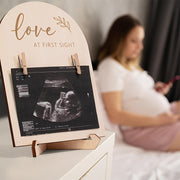 Wooden Ultrasound Photo Frame with Sign and Ink Pad for New Parents Light Yellow