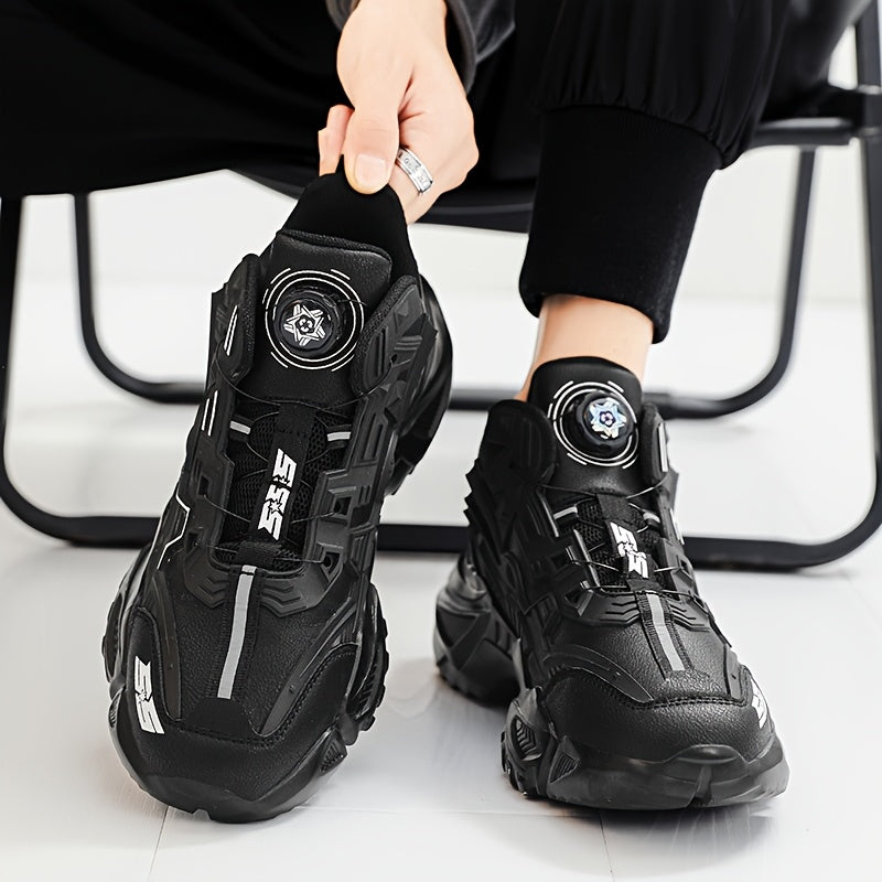 Men's Black Chunky Sneakers with Rotating Buckle Anti-Slip Breathable Fabric for Sports Outdoor
