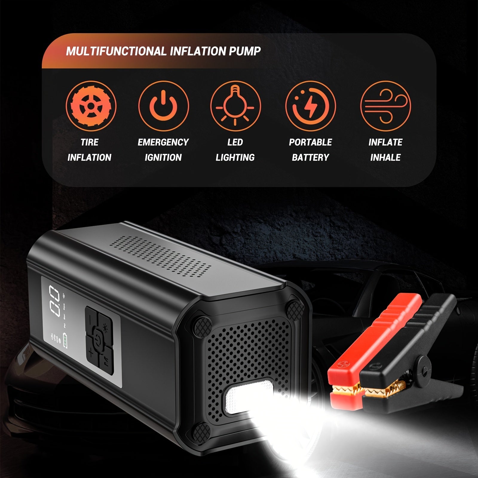 Portable 12V Air Compressor and Jump Starter with 10000mAh Power Bank