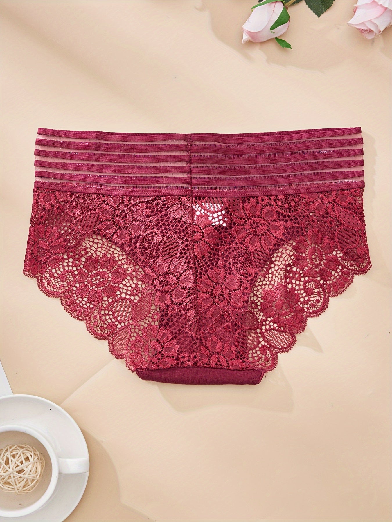 Women's Sheer Striped Lace-Trimmed Nylon Panties Breathable Comfortable