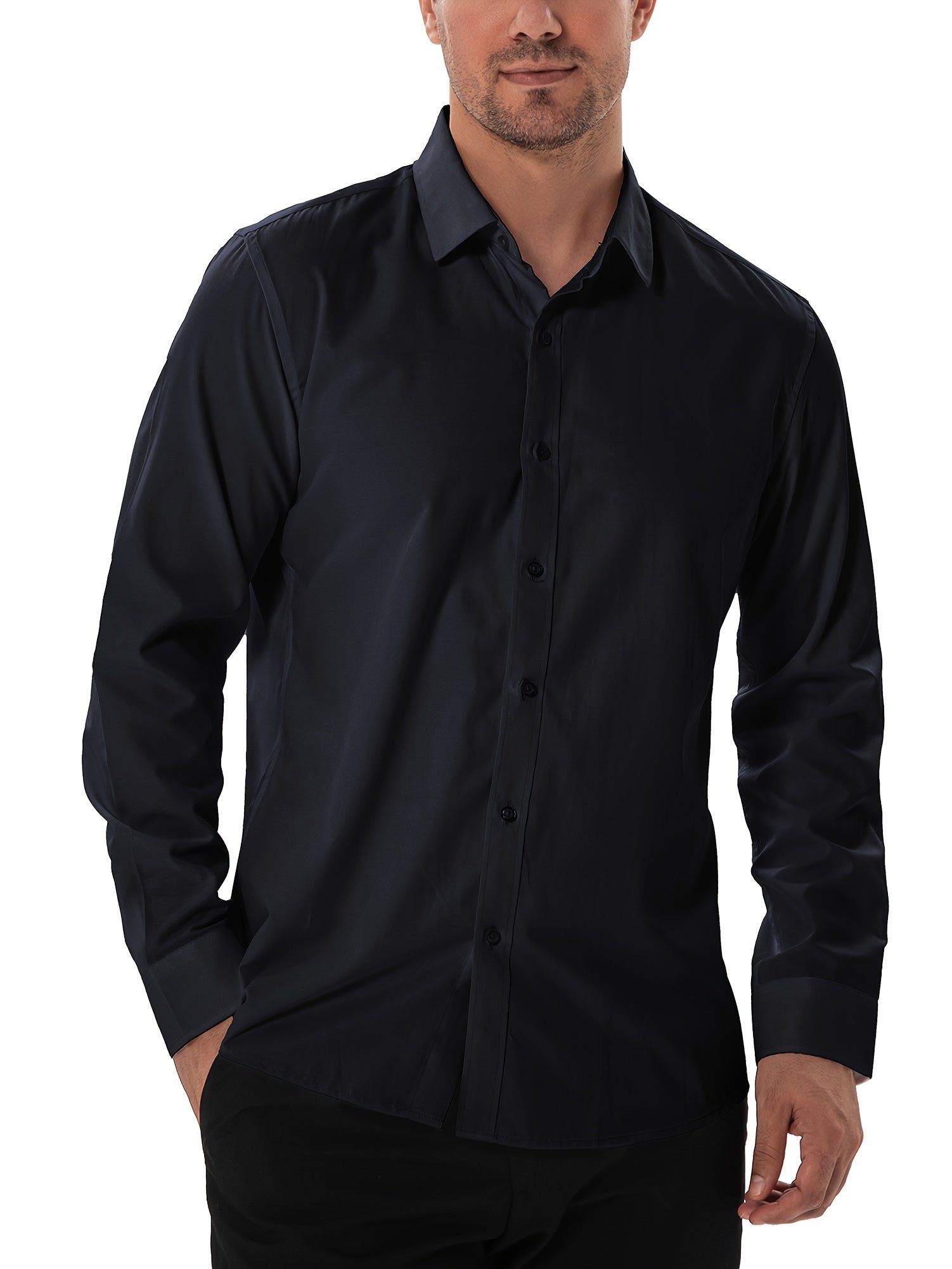 Men's All-Season Cotton-Polyester-Spandex Work Shirt Long Sleeve Lapel Button Regular Fit