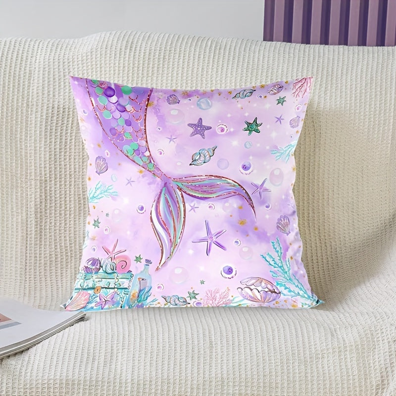 Mermaid Tail Pillowcase Soft Peach Polyester Zippered Cushion Cover Purple Sea Creatures