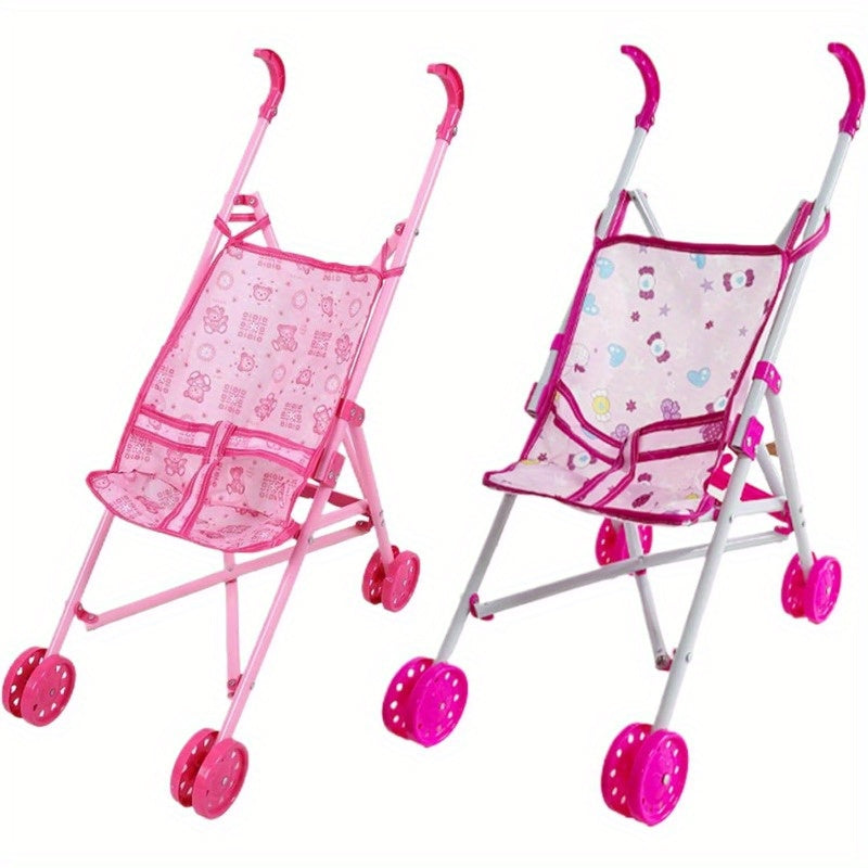 Durable Plastic Doll Stroller with Cartoon Pattern for Kids Ages 3-6