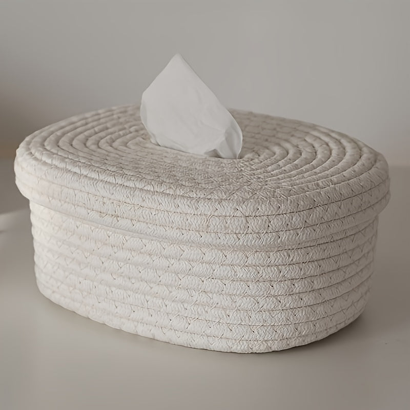Beige Rope-Woven Tissue Box with Decorative Bow for Home Car or Office Use