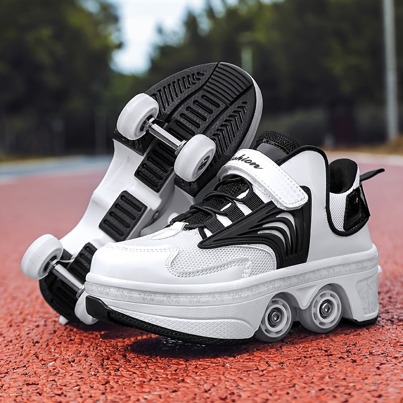 Boy's All-Season PU Skate Shoes with Detachable Wheels and Non-Slip Fastener