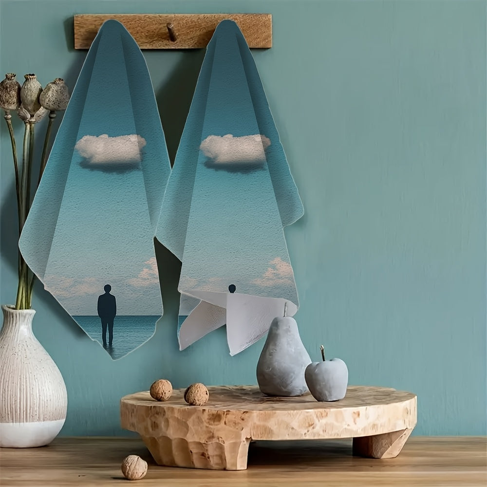 Two-Piece Ultra Soft Kitchen Towels Sky Cloud Design Highly Absorbent Machine Washable