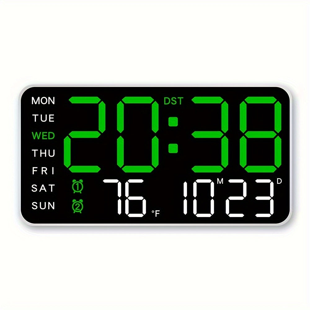 Large Digital Wall Clock with Calendar Temperature Voice Activation Adjustable Brightness and Chime in White Plastic