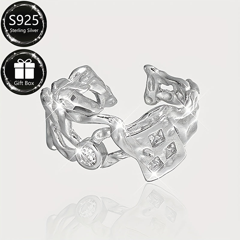 Sterling Silver Adjustable Ring with Cubic Zirconia Stones and Irregular Design