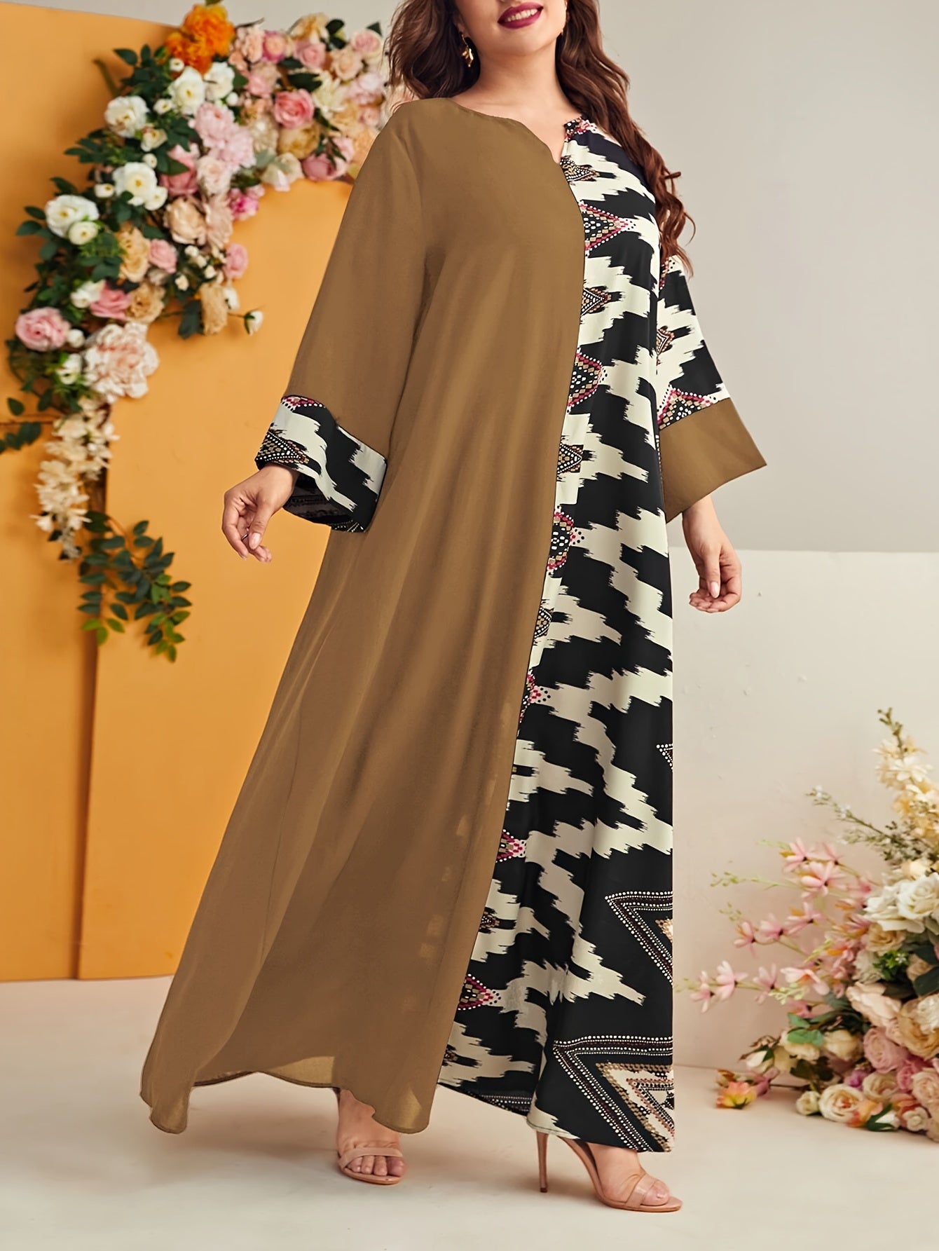Plus Size Geometric Kaftan Dress Black Beige Houndstooth V-Neck Long Sleeve Flowing