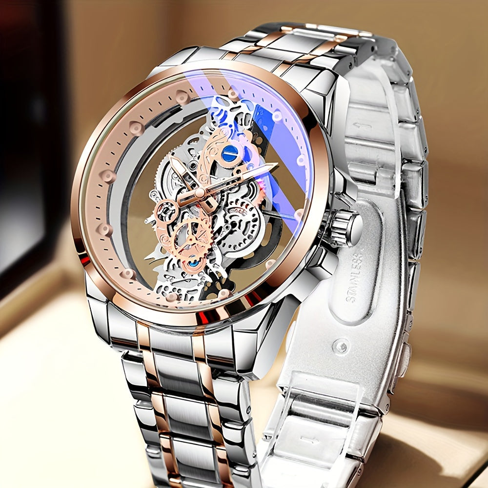 Men's Rose Gold Skeleton Quartz Watch with Luminous Hands Zinc Alloy Case Faux Leather Band