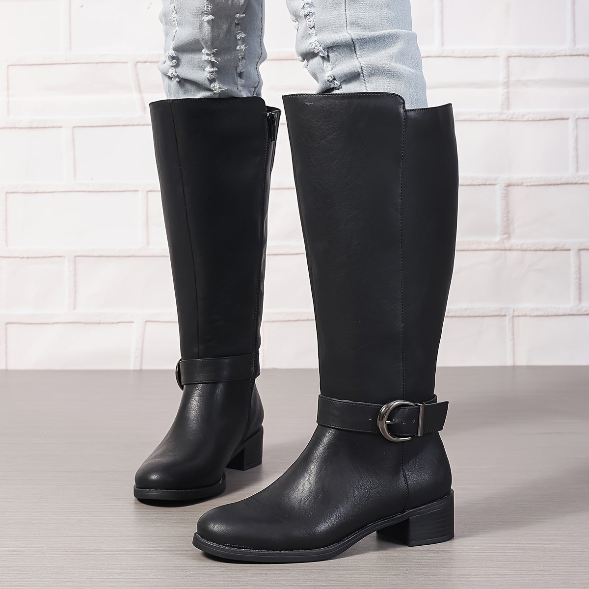 Women's Black Mid-Calf Cover Boots with Chunky Heel and Side Zipper