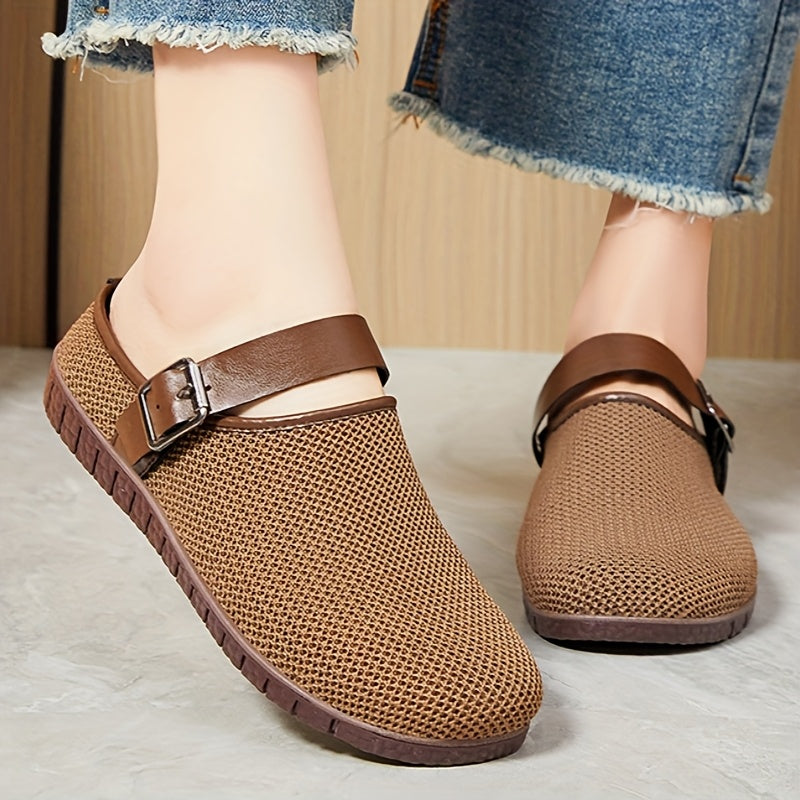 Women's Slip-On Loafers Knit Upper Soft TPR Sole Fashionable Buckle Black Beige