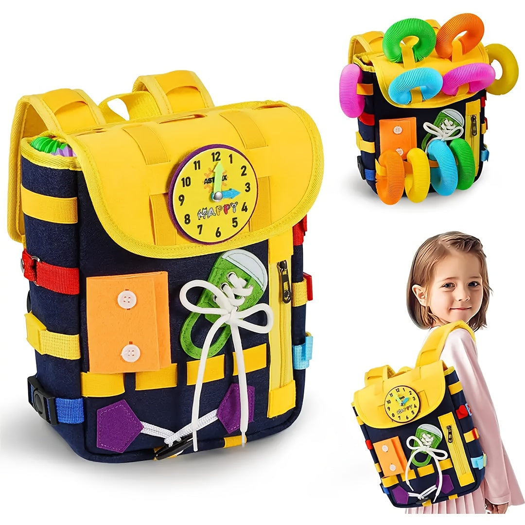Busy Backpack - bu 0-3 yoshdagi bolalar uchun o‘rganish faoliyati to‘plami bo‘lib, u tugmalar va fermuarlar, ta'lim o‘yinlari, rang-barang felt materiallari bilan to‘ldirilgan va Halloween, Rojdestvo va tug‘ilgan kun sovg‘alari uchun mukammaldir.