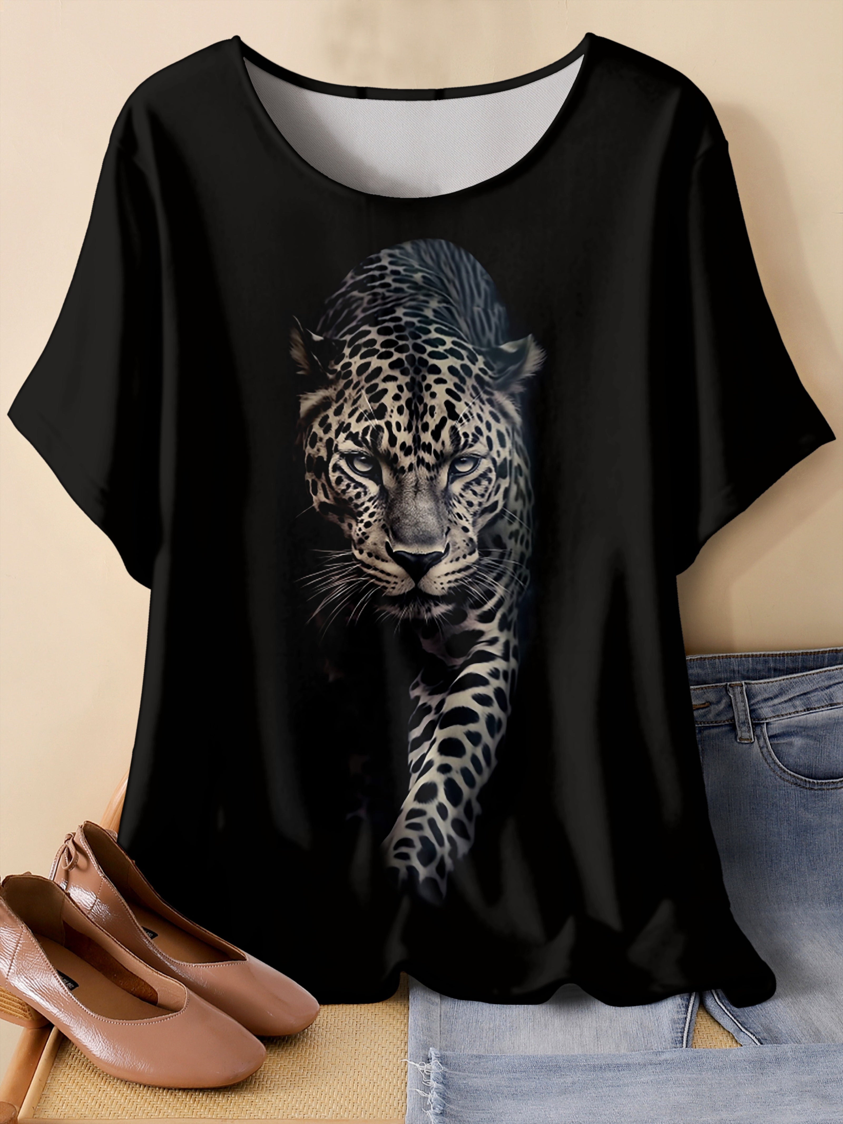 Plus Size Leopard Print T-Shirt for Women Casual Spring Summer Polyester Knit