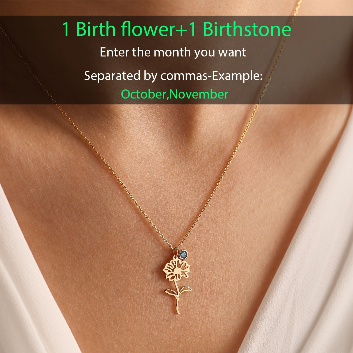 Birth Flower Necklace for Women 18K Gold Plated Stainless Steel Customizable with Birthstone