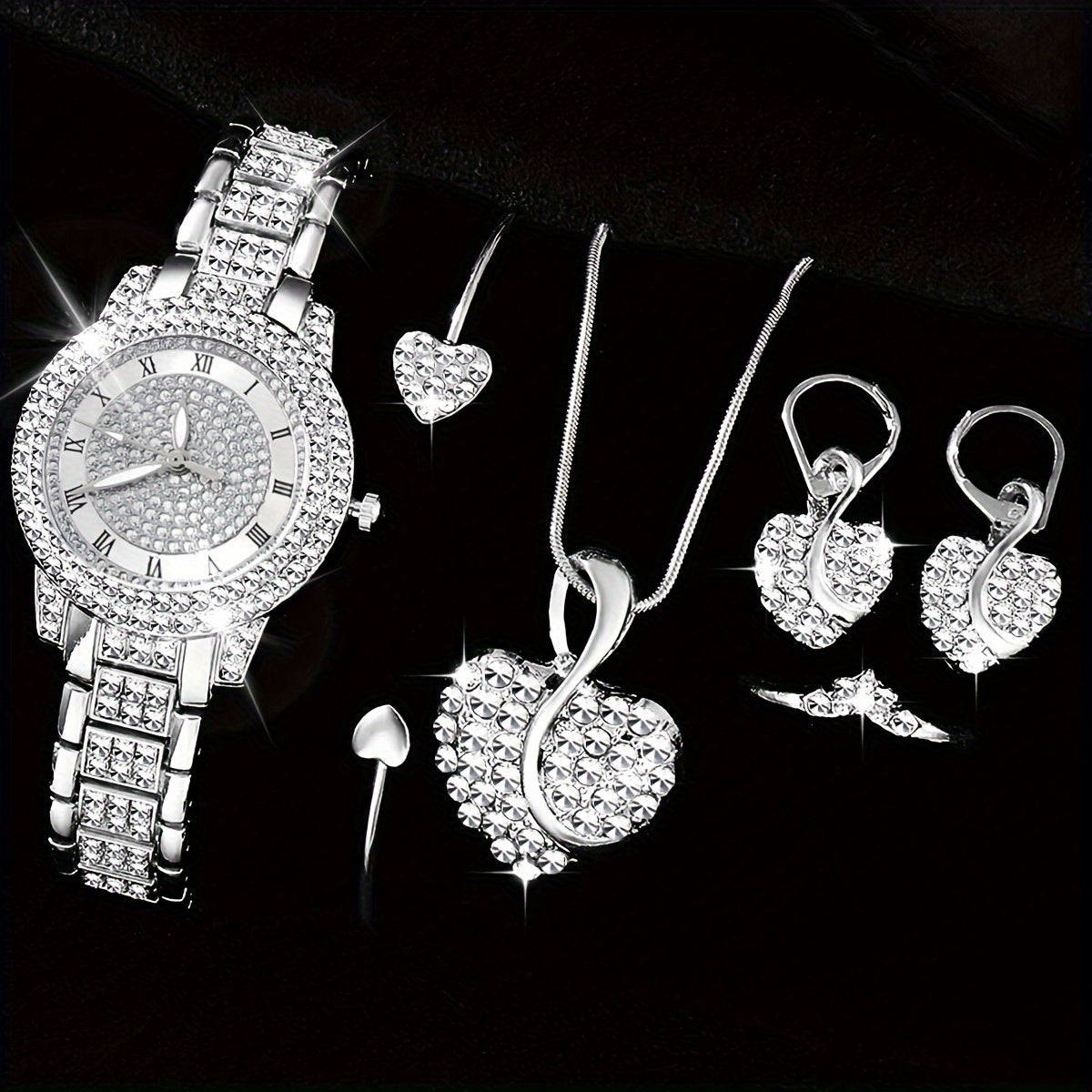 Set of 6 Women's Luxury Rhinestone Quartz Watches with Roman Dial and Heart Jewelry