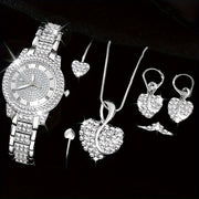 Set of 6 Women's Luxury Rhinestone Quartz Watches with Roman Dial and Heart Jewelry