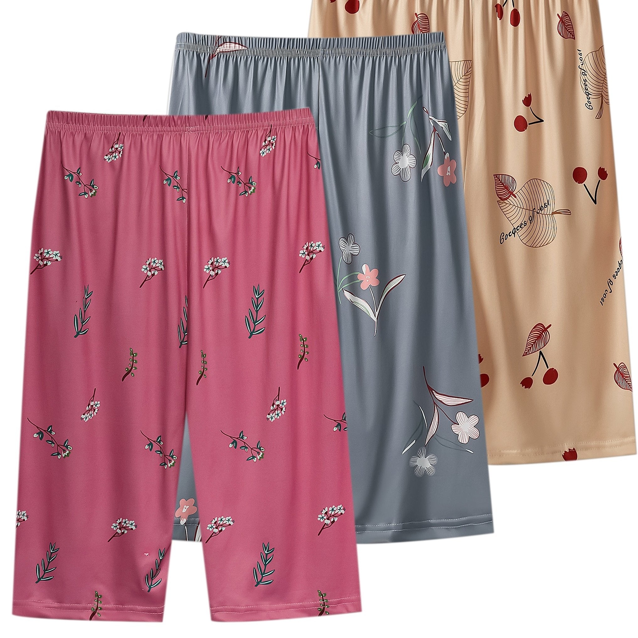 3 ta ayollar uchun plussiz o'lchamdagi gullar naqshidagi uyqu shortiklari, elastik bel va keng kesim bilan.