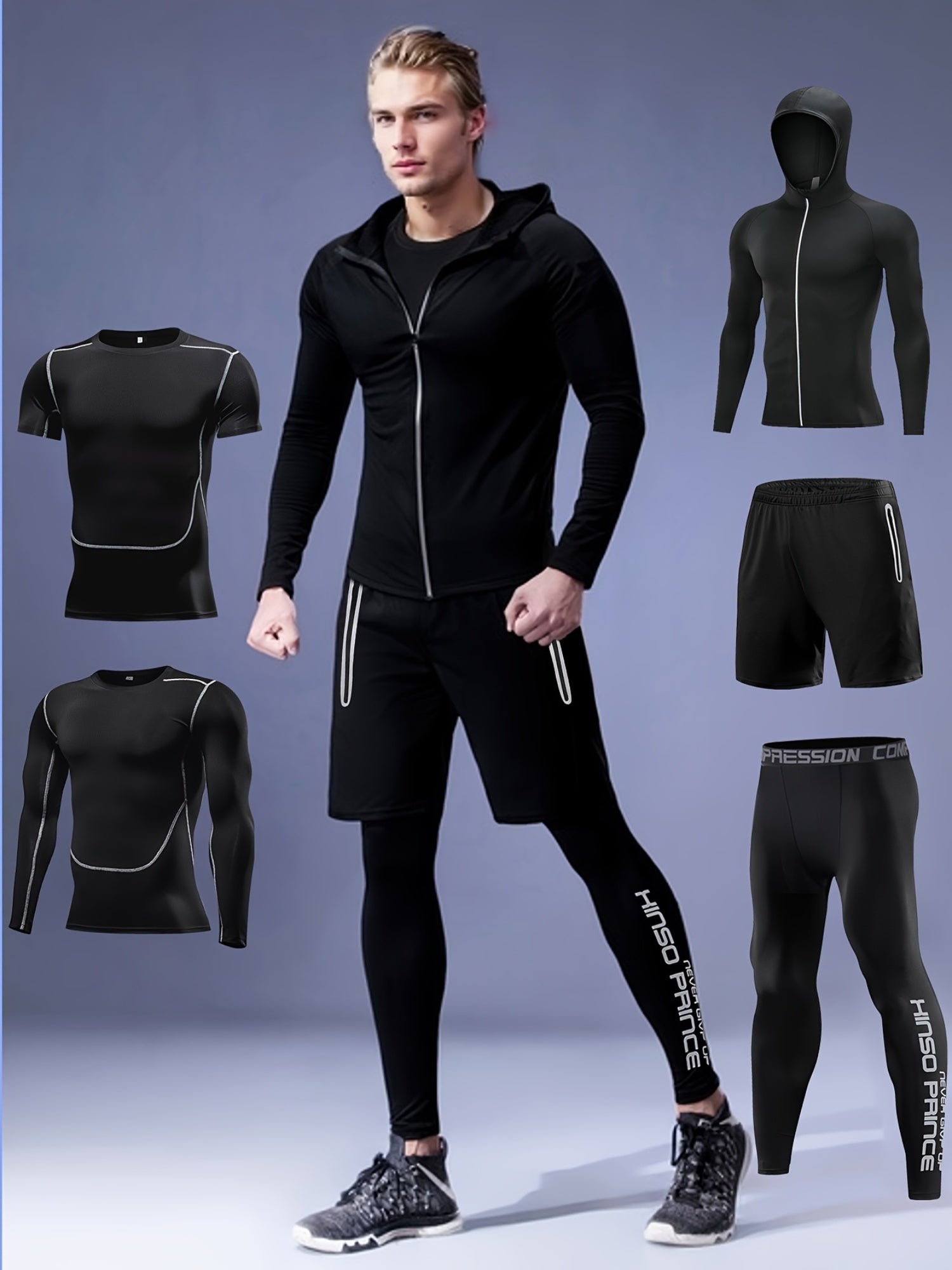 Men's Athletic Set 5-Piece Breathable Quick-Dry Polyester for Gym Running Training