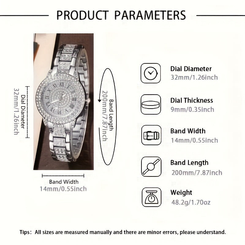Women's Quartz Watch Set with Rhinestones Stainless Steel Band and Bracelet Gift for Valentine's Easter