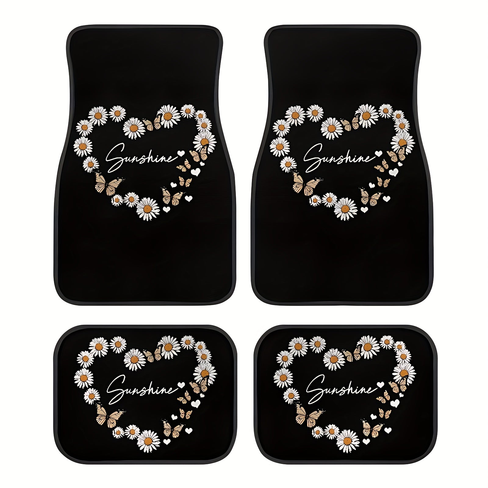 4Pcs Heart-Shaped Daisy Pattern Car Floor Mats Water-Absorbent Anti-Slip Durable