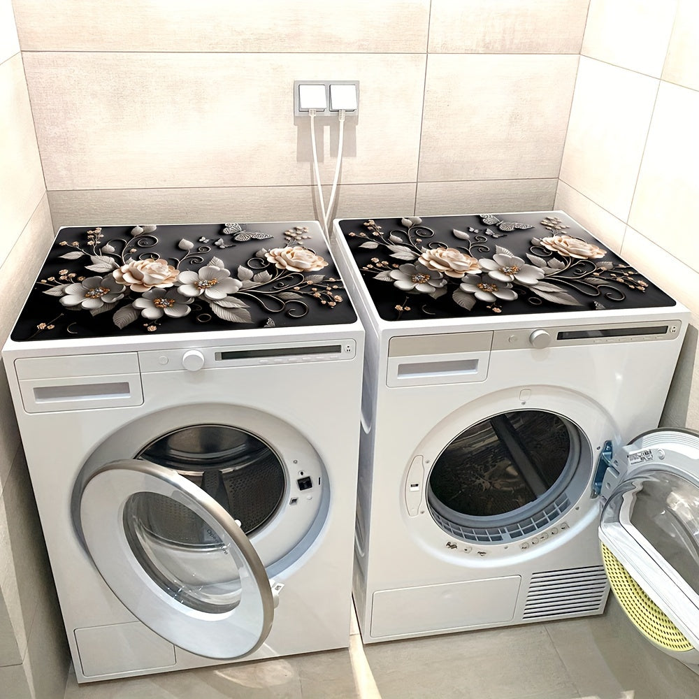 Black Floral Print Washing Machine Dust Cover Mat 50x60cm Quick-Dry Polyester