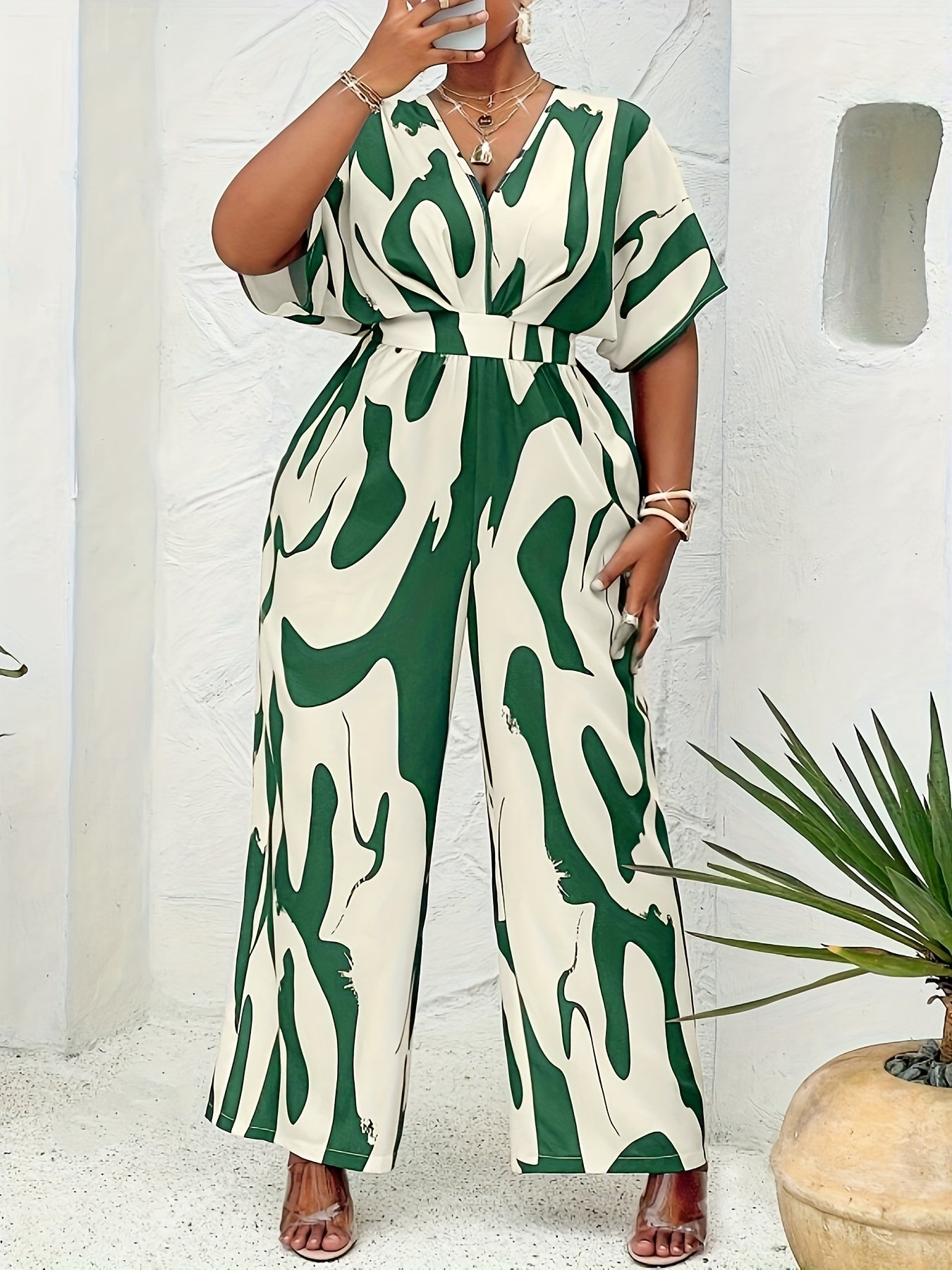 Plus Size Women's Tropical Print V-Neck Jumpsuit Lightweight Polyester Green Beige Camouflage