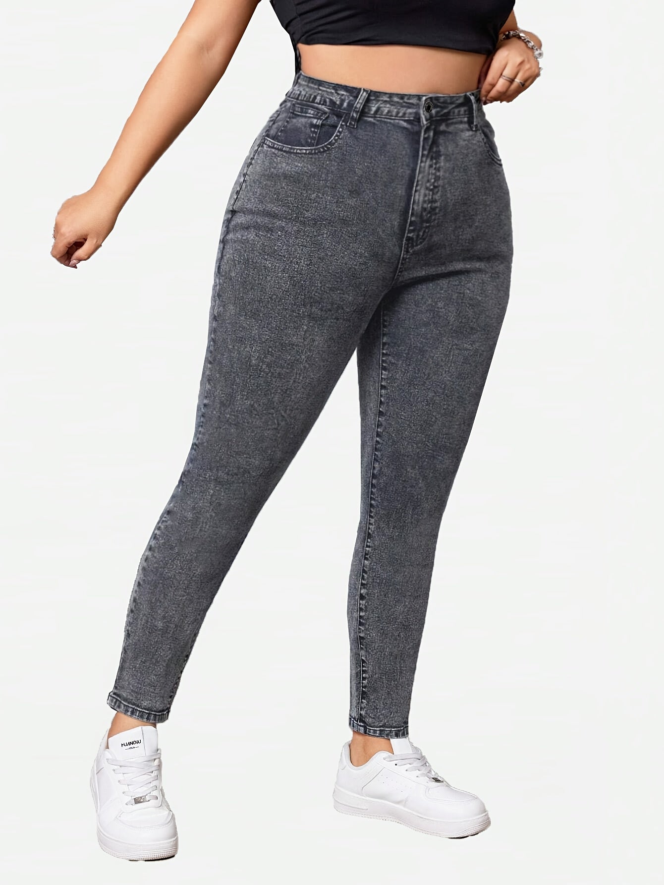 Plus-Size High-Waisted Skinny Jeans Heather Gray Woven Denim Distressed