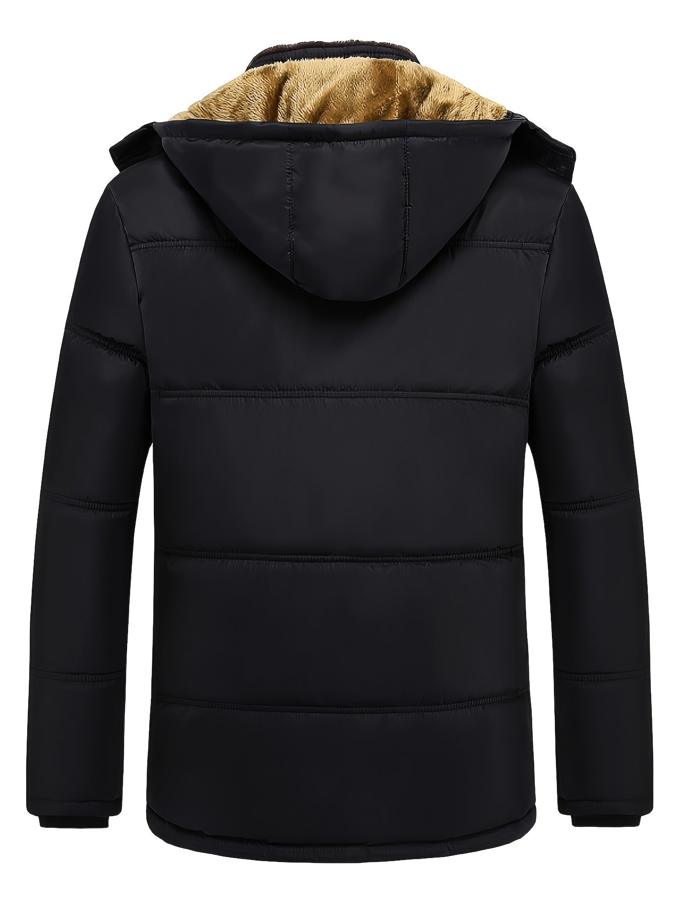 Men's Hooded Padded Polyester Jacket with Zipper Pockets Solid Color Casual Outerwear