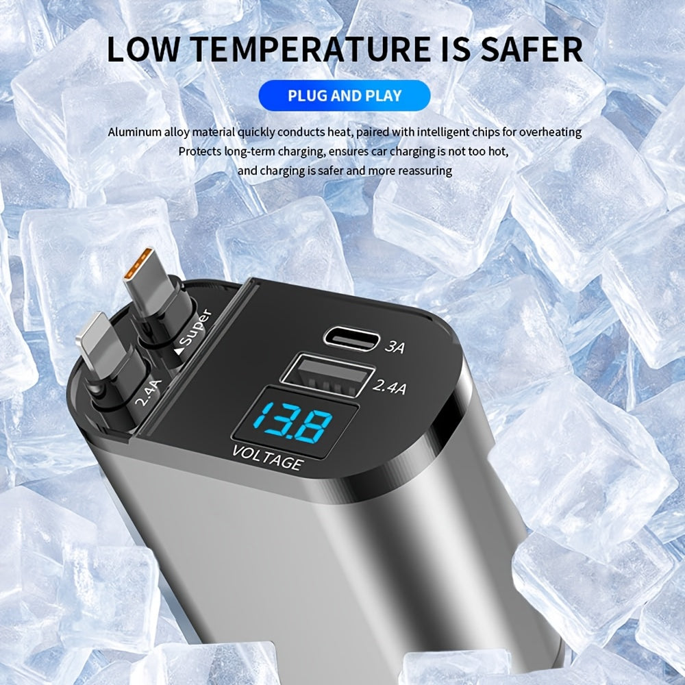 Compact Car Charger with Dual Retractable Cables and Dual USB Ports for iPhone Samsung Pixel