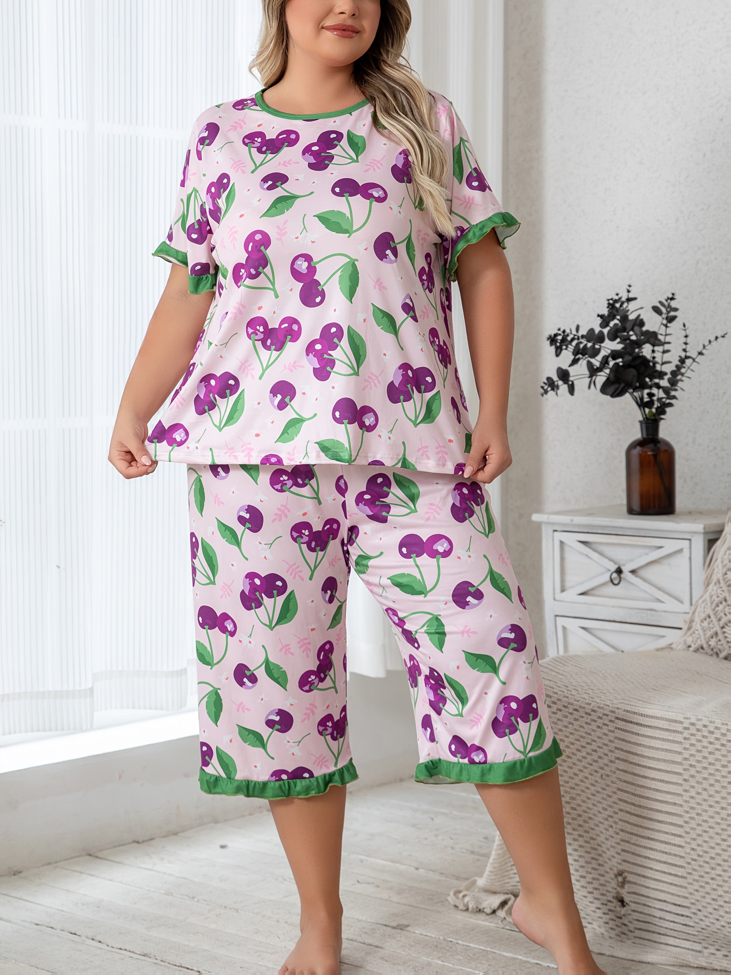 Women's Cherry Print Loungewear Set with Ruffled Sleeves and Cropped Pants
