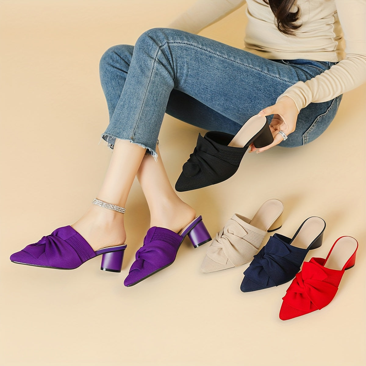 Women’s Pointed Toe Pumps Solid Color Fabric Slip-On Mid Heel Durable Sole