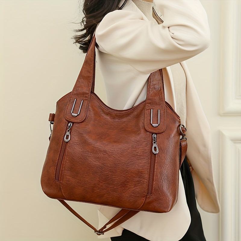 Women's Light Brown Tote Bag with Detachable Strap Zip Closure Multiple Compartments Fashion