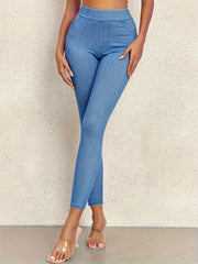 Women's High-Waist Denim Print Leggings with Pockets for Spring and Autumn