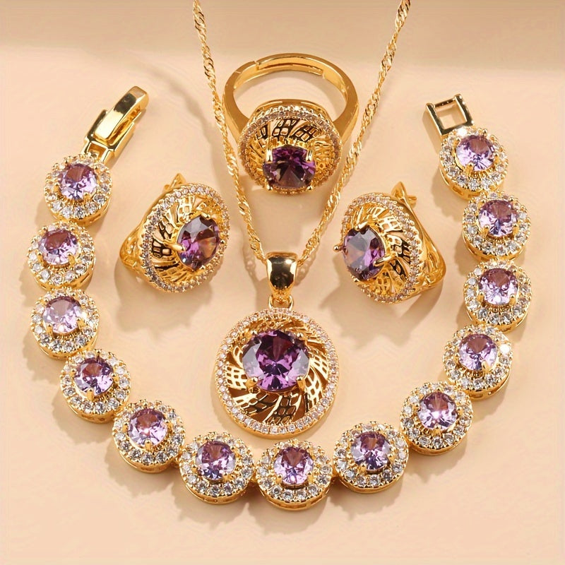 Nikoh zargarlik to'plami, 5 ta bo'lak, Kubik Sirkoniyalik taqinchoq, quloq taqinchoq, uzuk, bilaguzuk, yaproq dizayni, to'ylar va partiyalar uchun