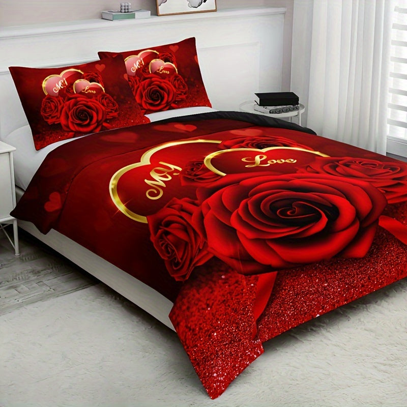 Romantic Red Rose Love Floral Duvet Cover Set 3 Pieces Bedding with Valentine's Day HD Print