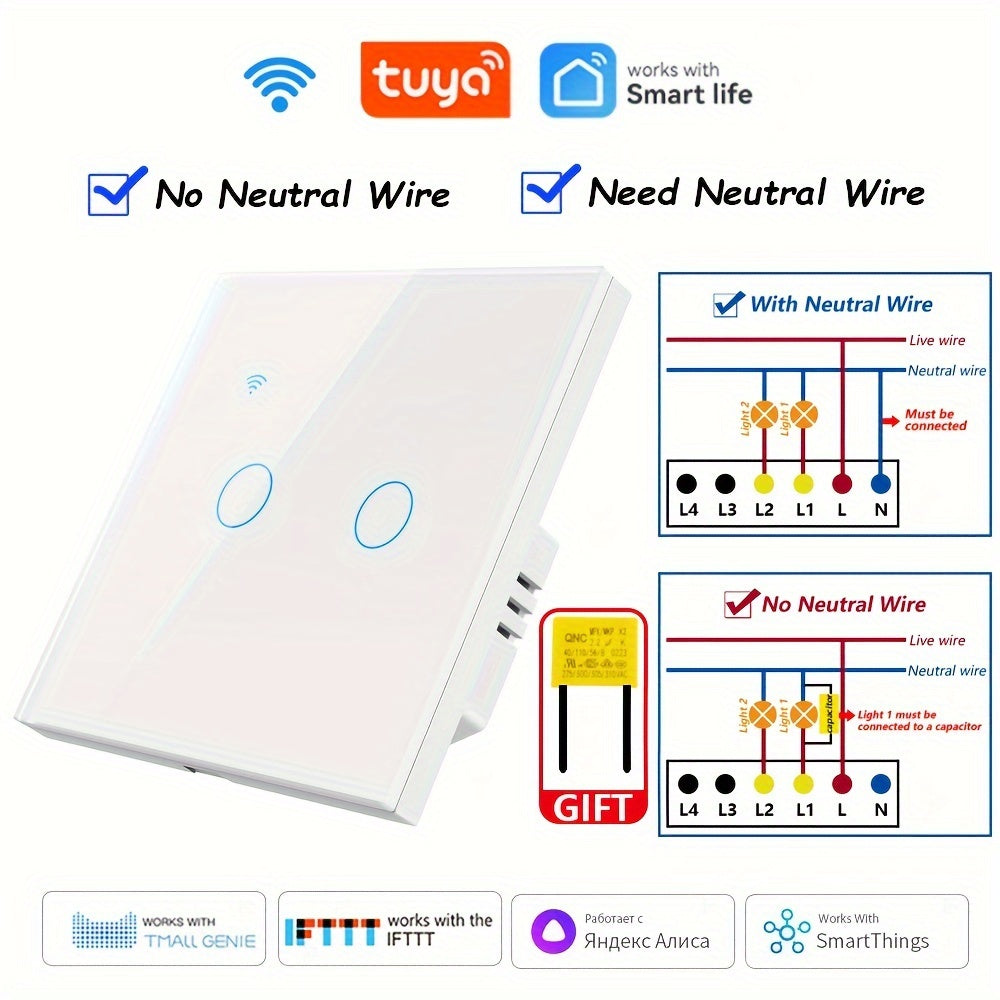 WiFi Smart Switch EU Plug No Neutral Wire Needed Voice Control Compatible with Alexa Google Home 1/2/3/4 Gang Tempered Glass Panel