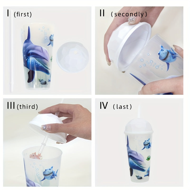 16.9oz Plastic Tumbler with Lid for Coffee and Juice, Ocean-Inspired, Outdoor and Office Use