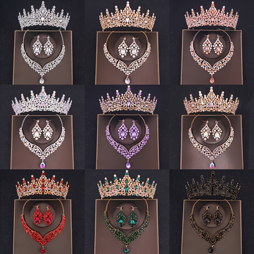 3-Piece Rhinestone Crown Necklace Earrings Set for Weddings Parties and Stage Performances